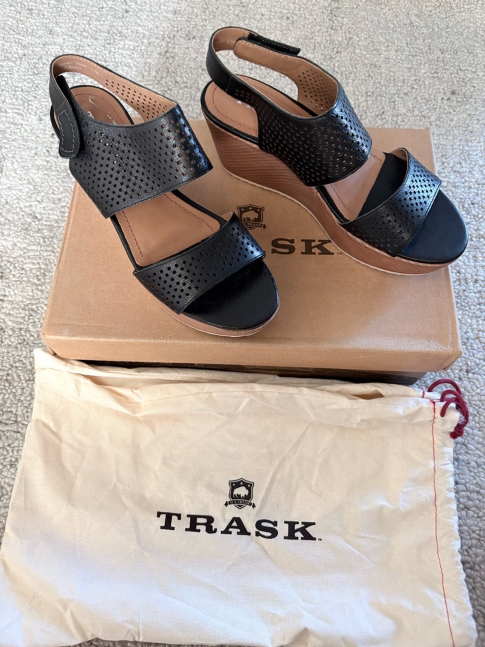 Trask Black Perforated Leather Wedge Sandals with Tan Wood-Look Heel